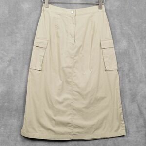 VTG 90s Y2K Cargo Utility Midi Skirt Tan Khaki Cotton Stretchy Sz S